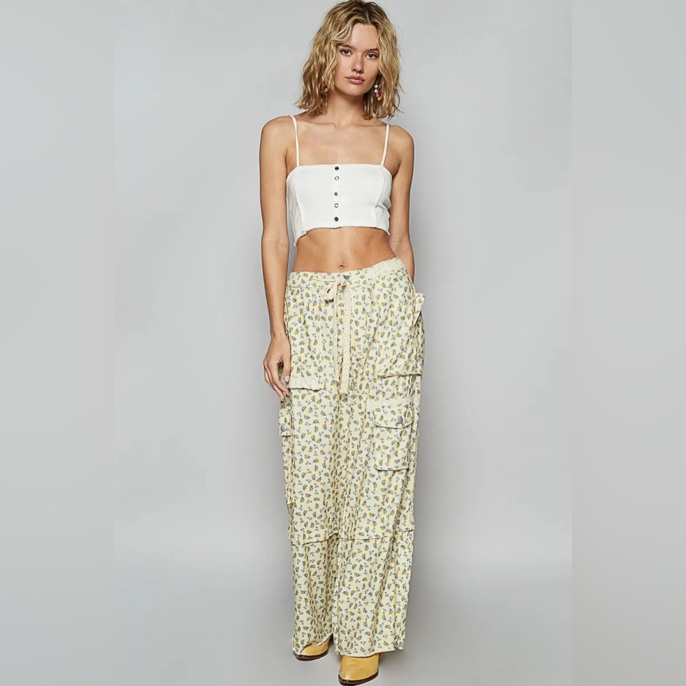 POL Floral Cargo Wide Leg Pants with Lace Drawstring